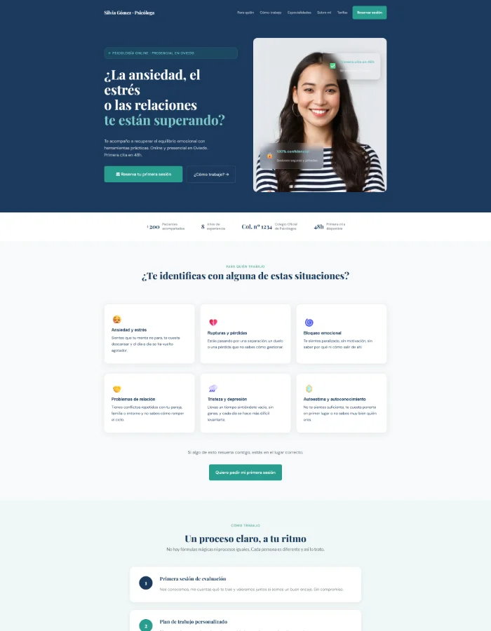 Diseño web WordPress para psicóloga con sección hero, tarjetas de servicios y proceso de trabajo, paleta azul y verde